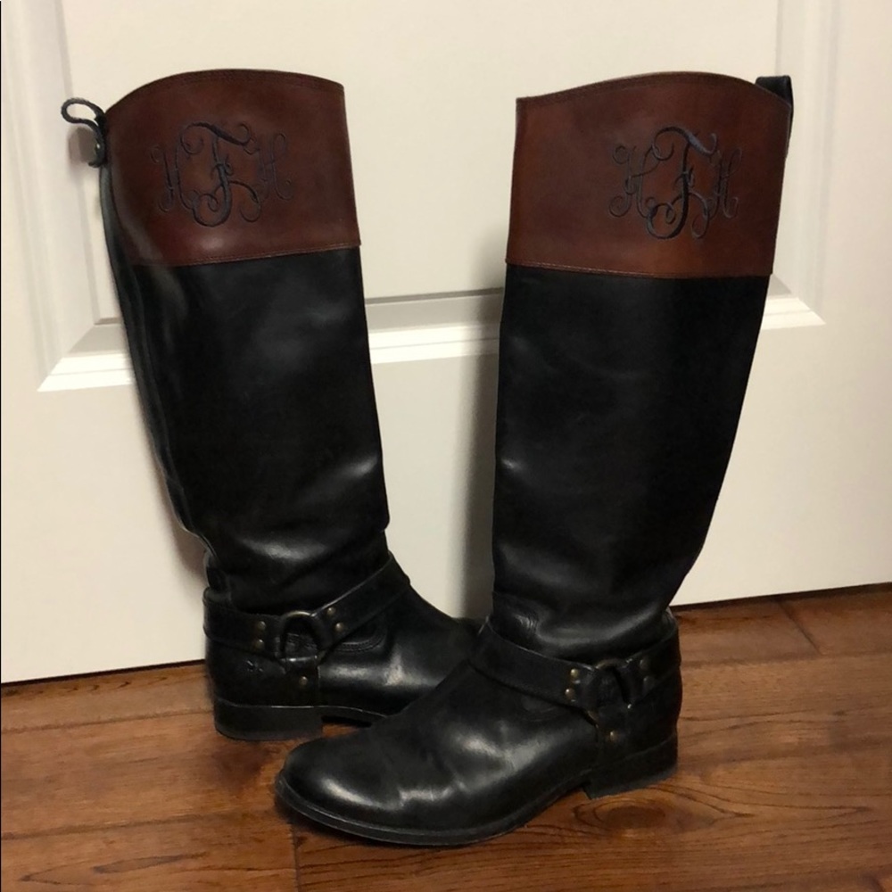 Frye tall boots, monogrammed, black brown Sz 7